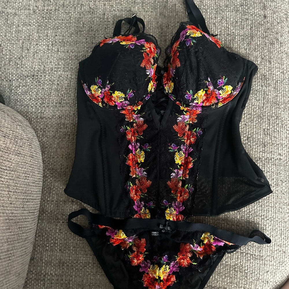 Floral Embroidered Black Lingerie Set